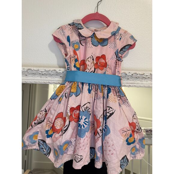 M&S Girl’s Pink Floral Print Peter Pan Collar Belted Spring Dress Size 2/3 - Picture 1 of 8